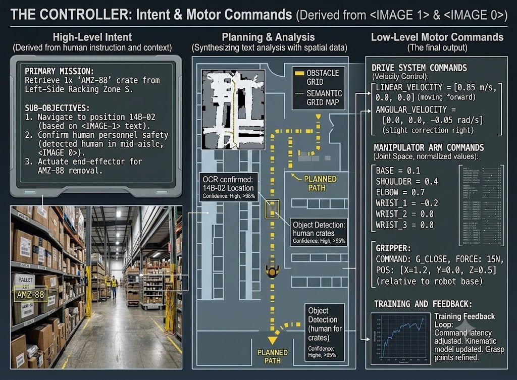 Controller breakdown: high-level intent to retrieve an AMZ-88 crate, a planned path over an obstacle grid, and the resulting drive, manipulator-arm and gripper commands