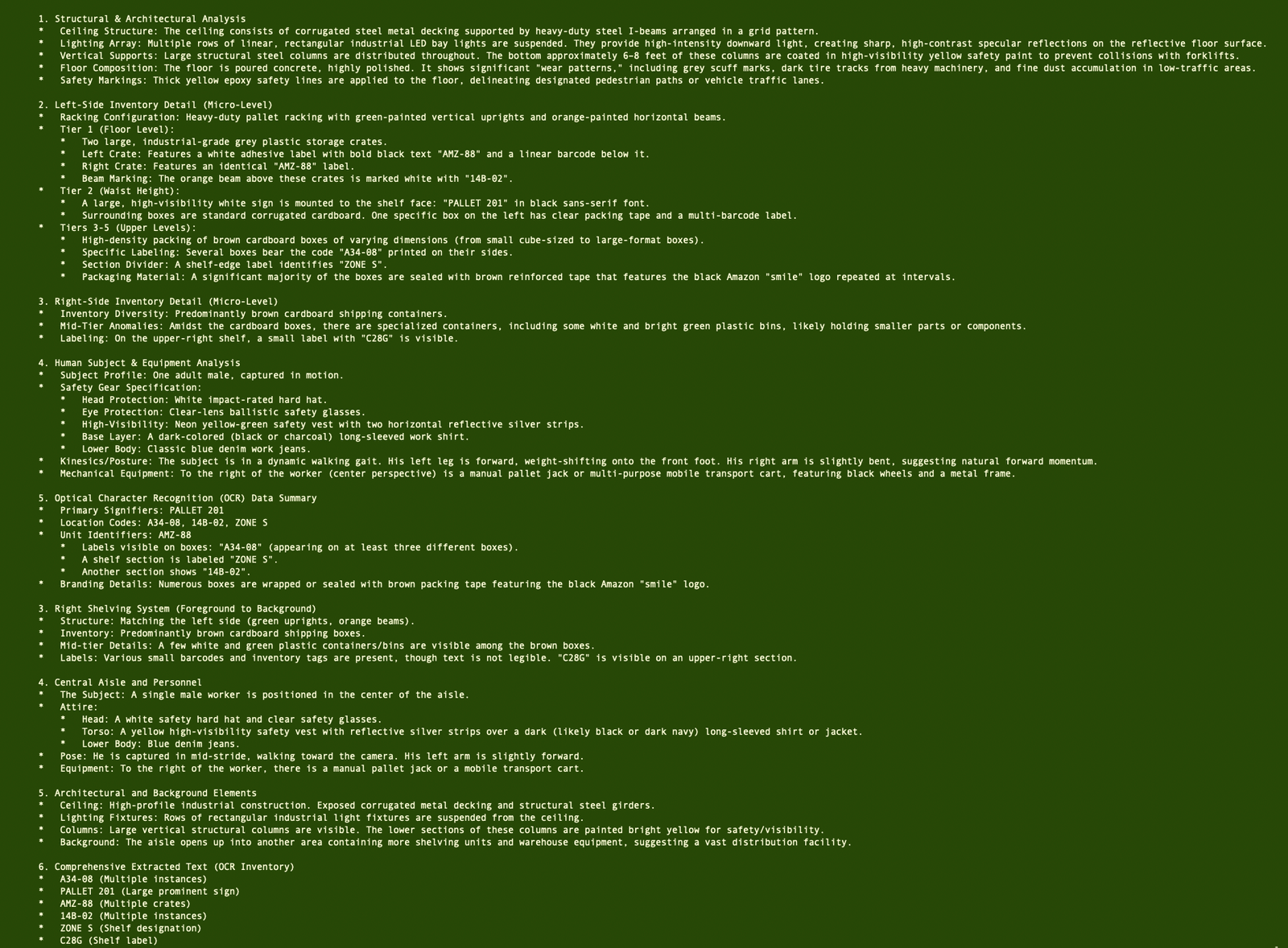 Star's structured read of the warehouse scene: racking layout and tier-by-tier inventory, transcribed shelf codes including PALLET 201, AMZ-88, A34-08 and ZONE S, and an analysis of the worker's safety gear and walking posture